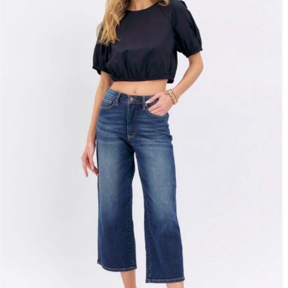 Judy Blue Denim - Judy Blue Mid Rise Tummy Control Wide Leg Crop Jeans Denim Stretch Womens 28 / 7